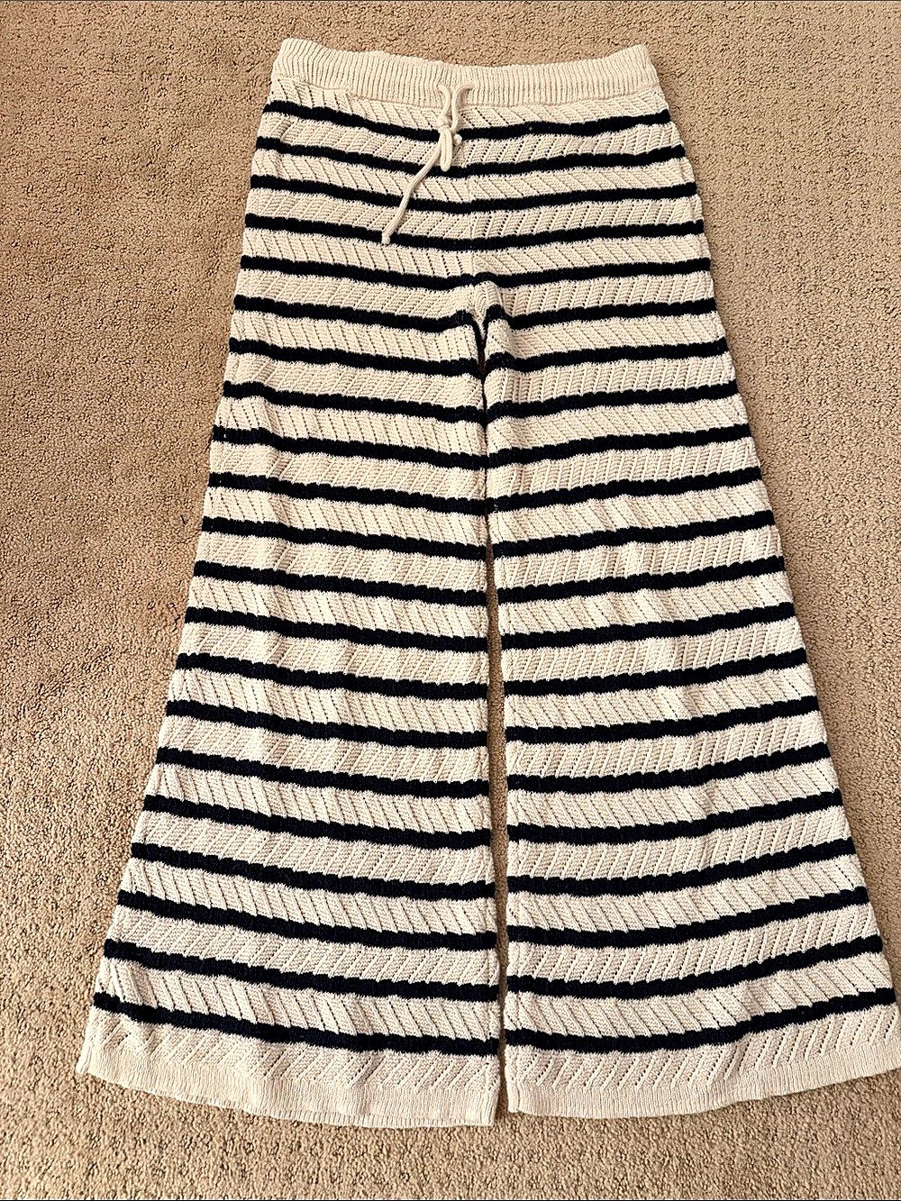 Aerie Crochet Party Pant Striped Wide Leg Pants Cream & Navy Large